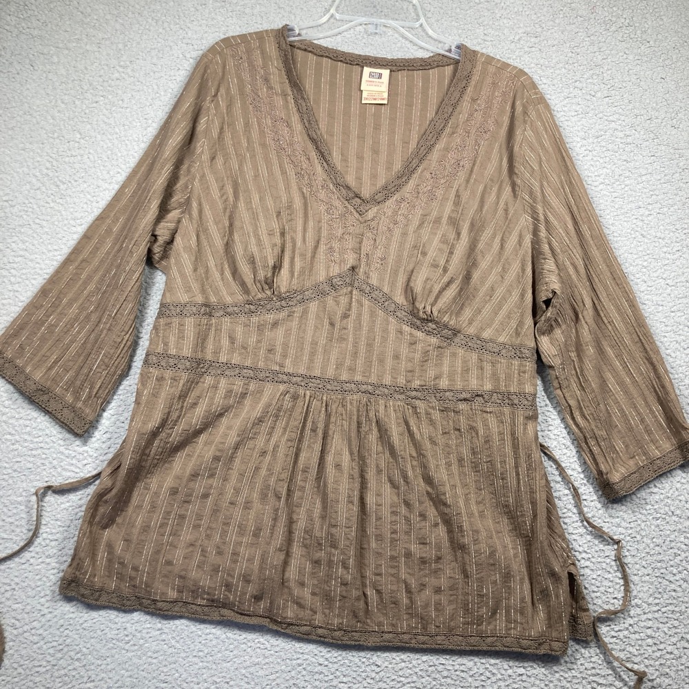 Vtg Faded Glory Top Women 3X Brown Metallic Lace Trim Boho Babydoll Tie Back